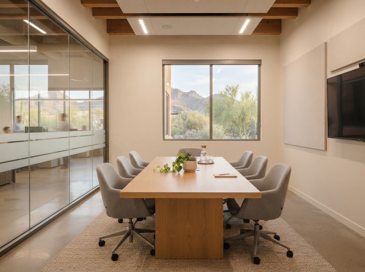 Bright mid-size conference room with frosted glass partitions and tinted windows in an Arizona office