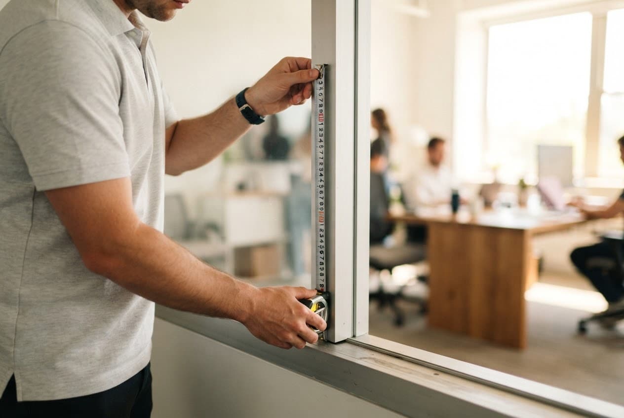 Installer measuring a glass office partition during a site walkthrough